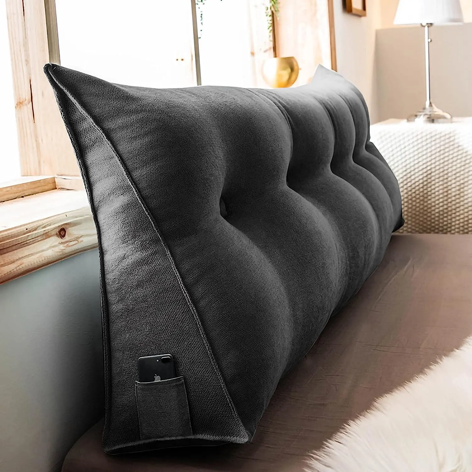 120CM Cotton Linen Filled Triangular Wedge Bed Cushion-Black Gray