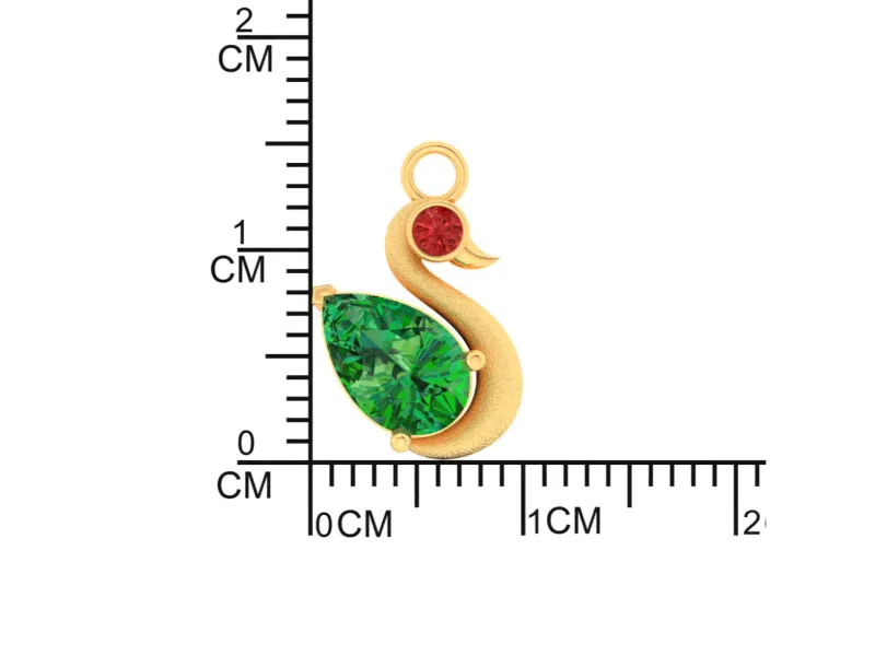 14k Unique Duck Shaped Pendant Adorned With Green And Red Stone