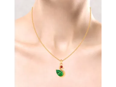 14k Unique Duck Shaped Pendant Adorned With Green And Red Stone