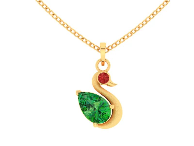 14k Unique Duck Shaped Pendant Adorned With Green And Red Stone