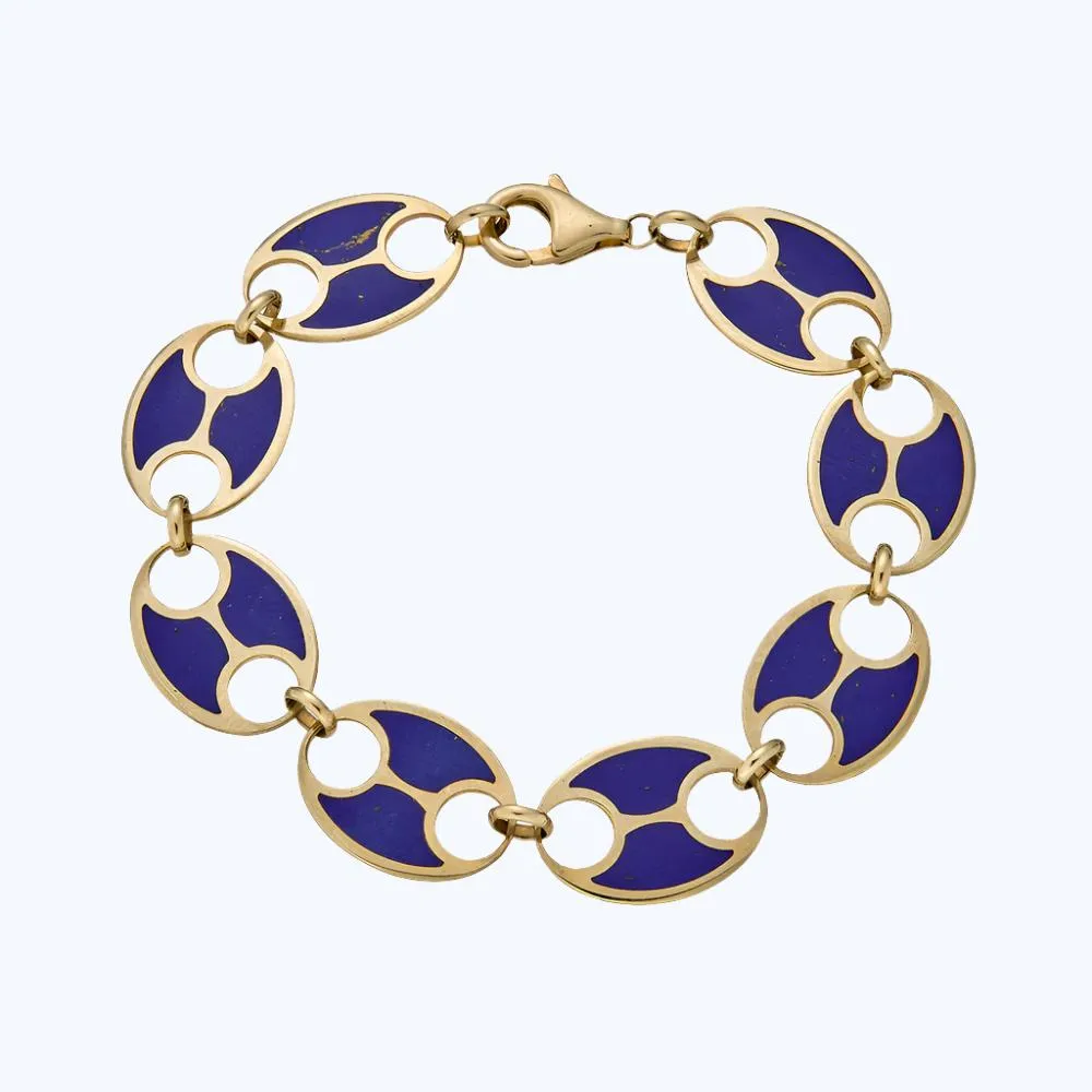 14K Yellow Gold Flat Link Lapis Lazuli Bracelet