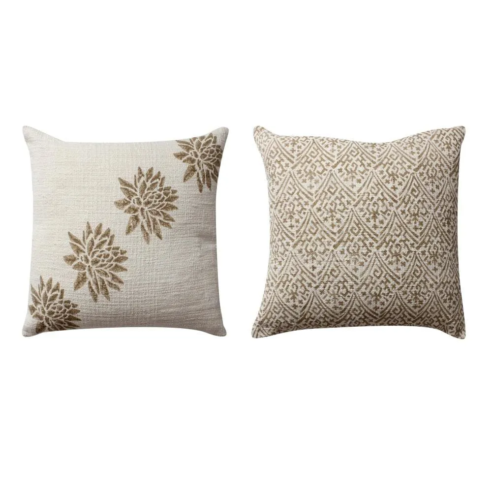 18 x 18 Square Cotton Accent Throw Pillow, Floral and Block Print Patterns, Set of 2, Gold, Off White By The Urban Port