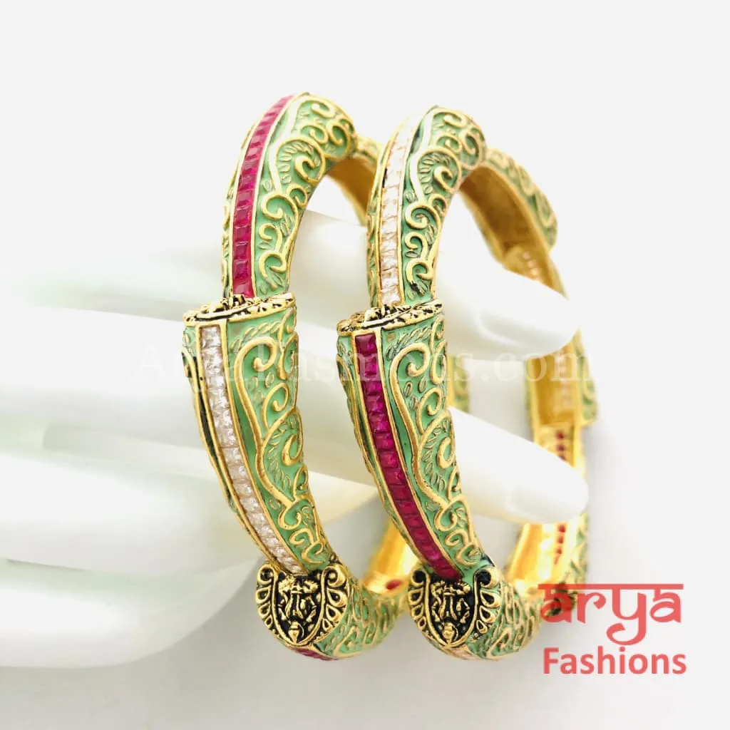 2.6 size Mint Green Meenakari Kundan Bangles with CZ and Ruby Stones