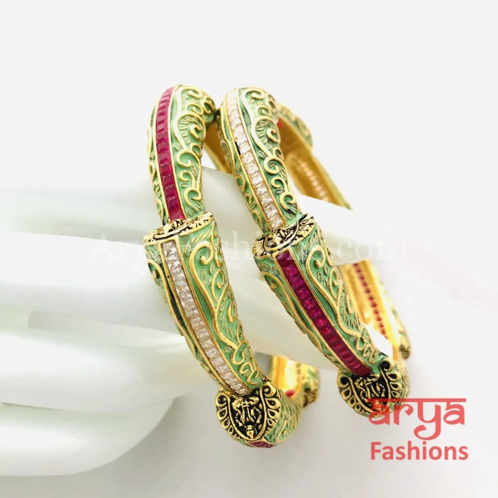 2.6 size Mint Green Meenakari Kundan Bangles with CZ and Ruby Stones