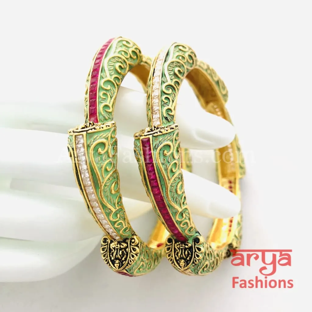 2.6 size Mint Green Meenakari Kundan Bangles with CZ and Ruby Stones