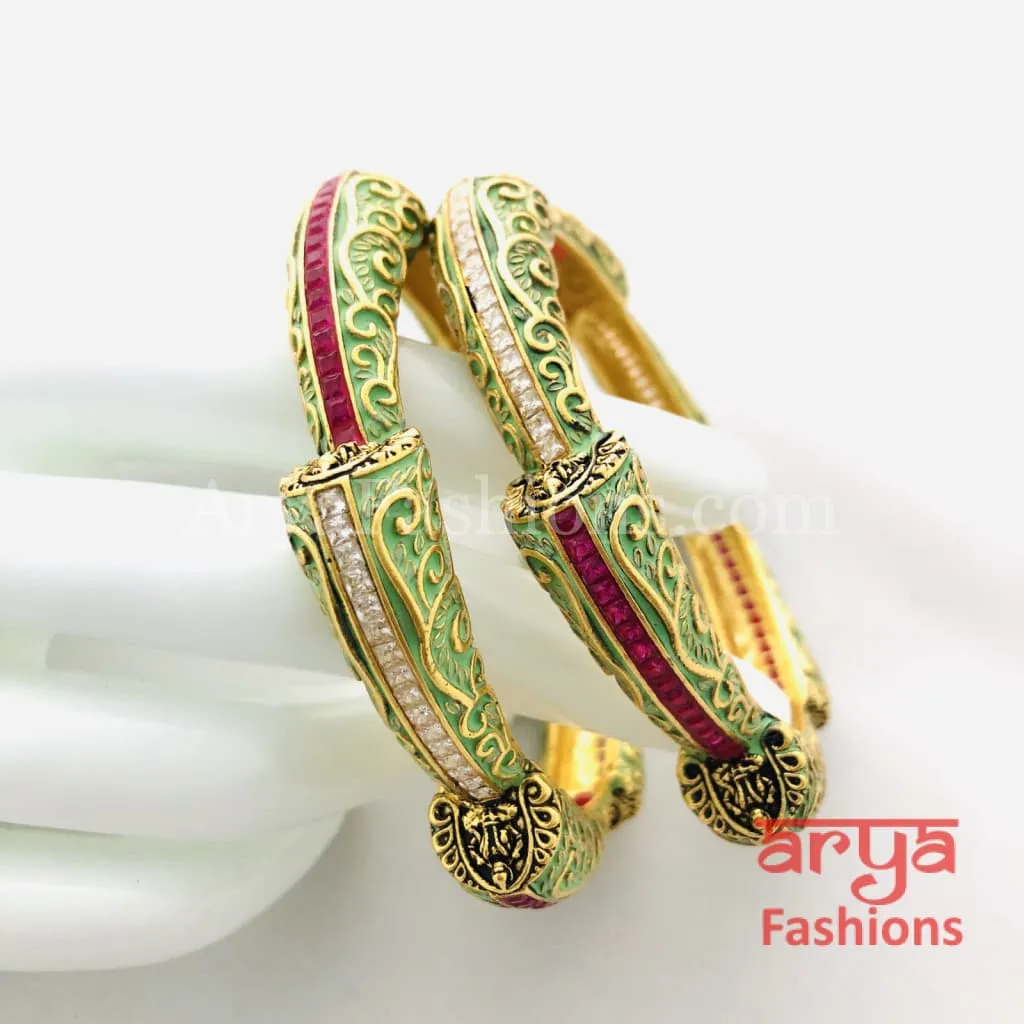 2.6 size Mint Green Meenakari Kundan Bangles with CZ and Ruby Stones