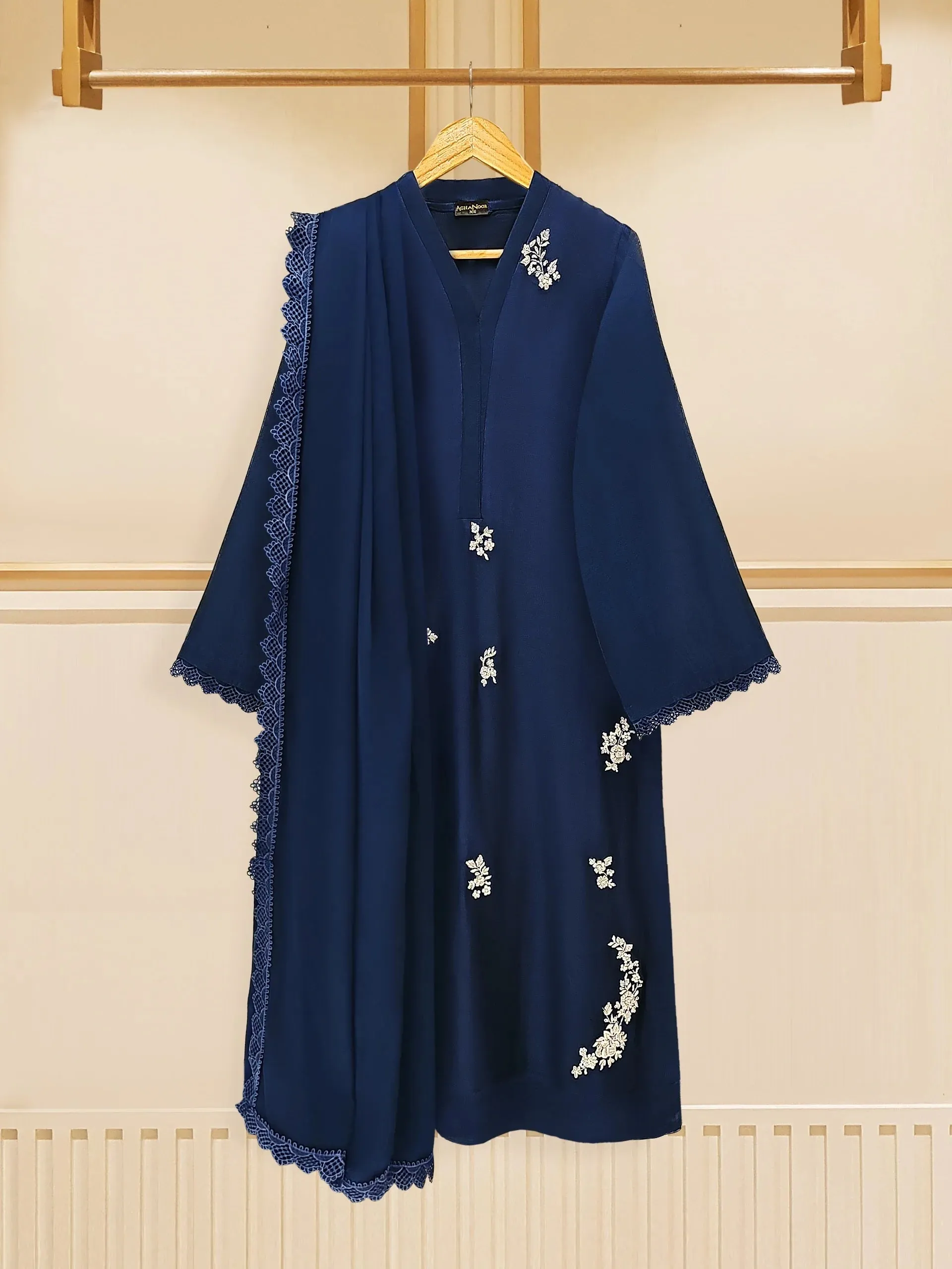 Agha Noor Navy Blue Embroidered Pure Cotton Net 3-Piece Suit