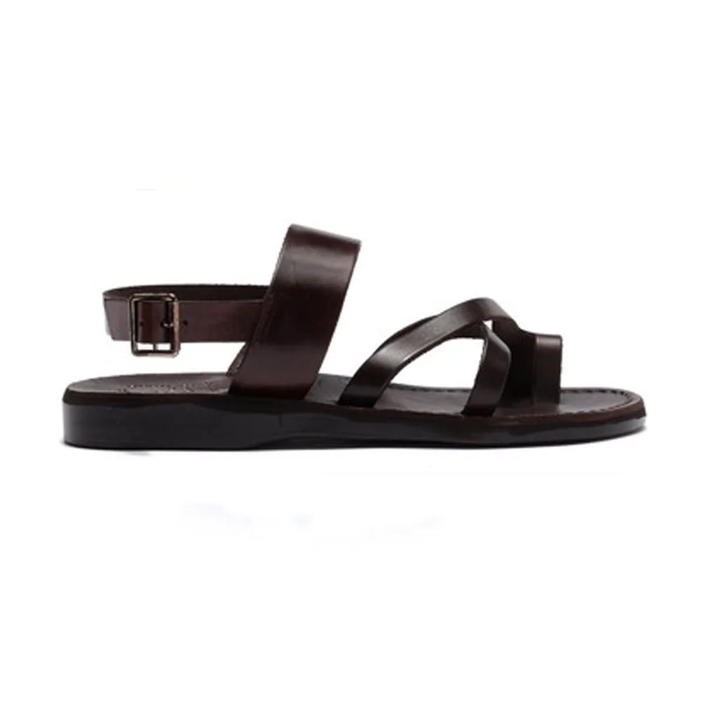 Amos - Leather Ankle Strap Flat Sandal | Brown