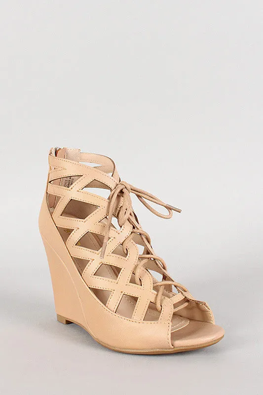 Bamboo Cut Out Lace Up Open Toe Wedge