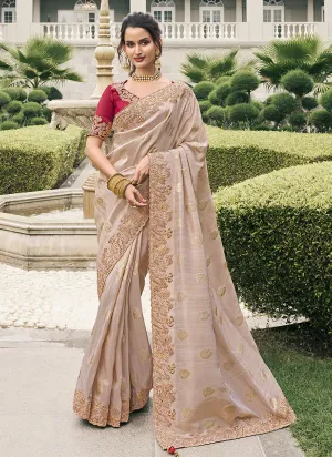 Beige And Red Multi Embroidery Tissue Silk Saree