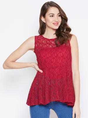 Berrylush Women Solid Dark Red Round Neck Lace Woven Peplum Top