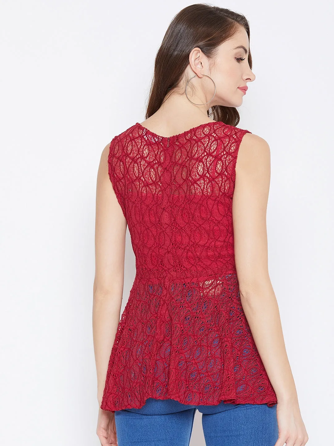 Berrylush Women Solid Dark Red Round Neck Lace Woven Peplum Top