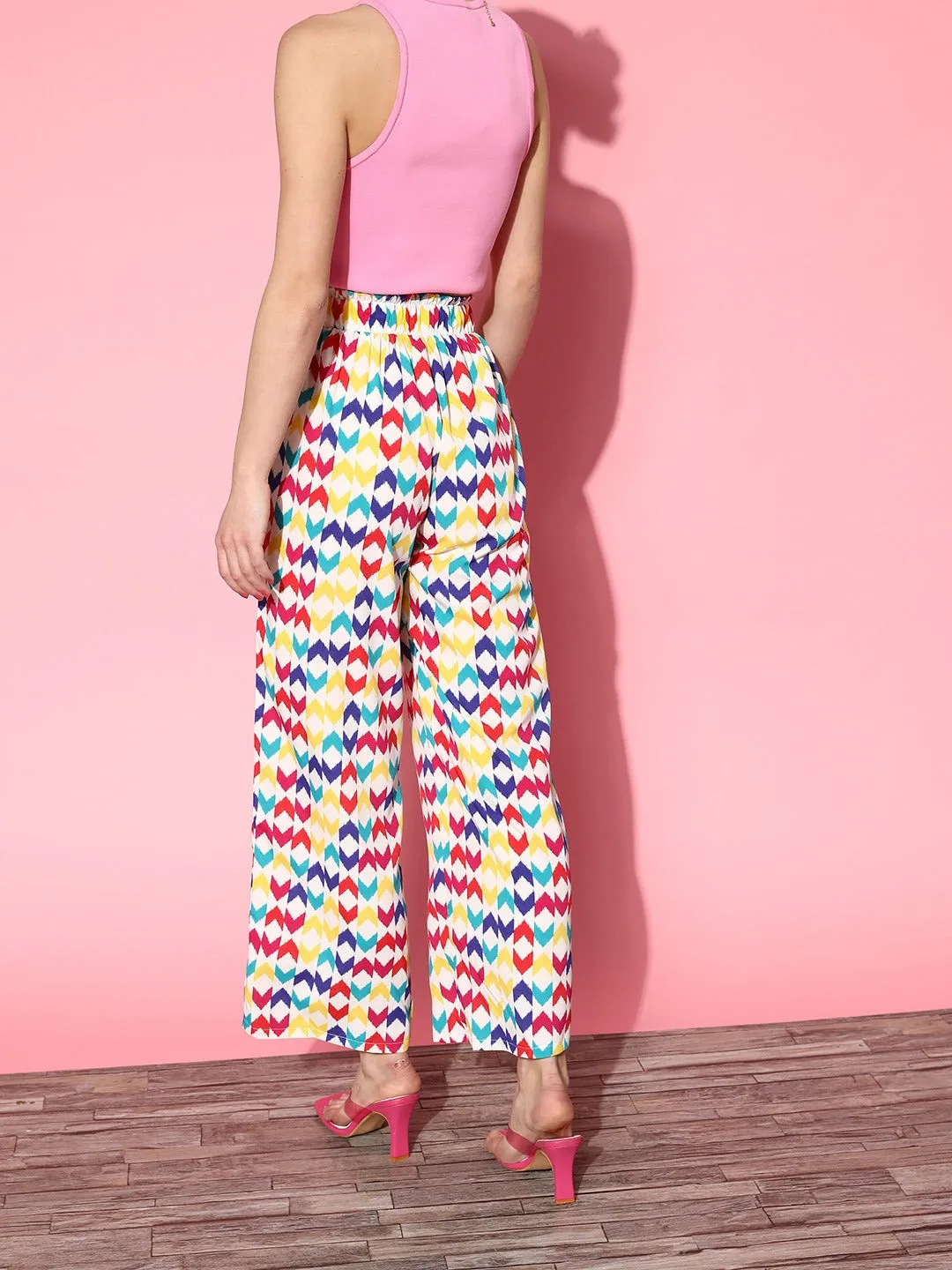 Berrylush Women White & Multicolour Geometric Printed High-Rise Waist Slip-On Relaxed Regular Trousers