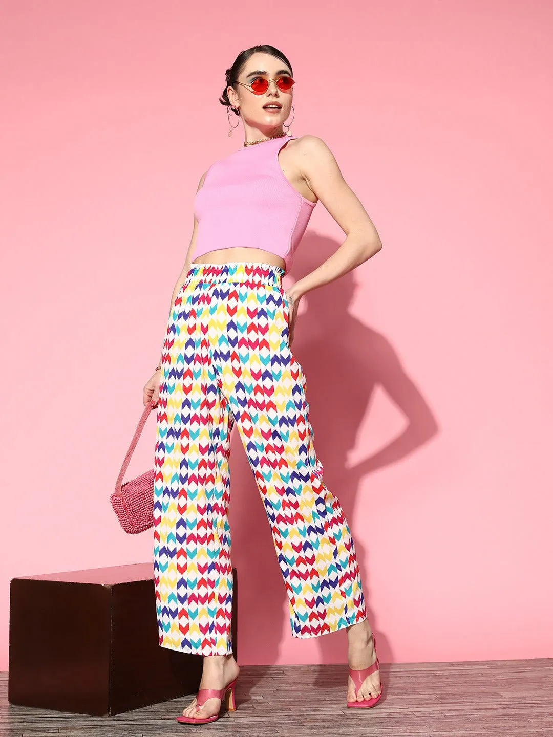 Berrylush Women White & Multicolour Geometric Printed High-Rise Waist Slip-On Relaxed Regular Trousers