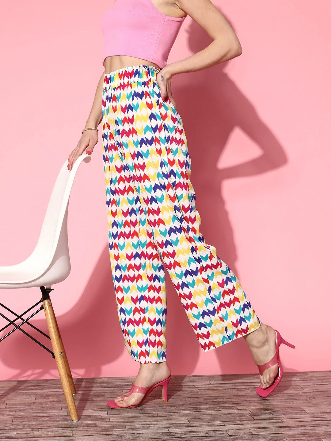 Berrylush Women White & Multicolour Geometric Printed High-Rise Waist Slip-On Relaxed Regular Trousers