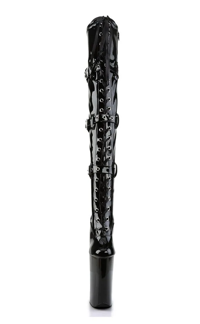 BEYOND-3028 Black Patent Thigh High Boots