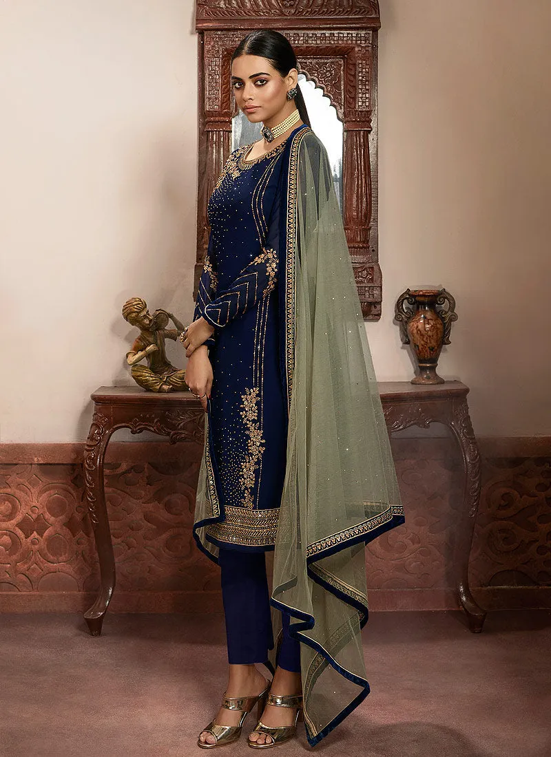 Blue And Mint Green Embroidered Lehenga/Pant Suit