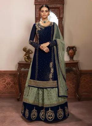 Blue And Mint Green Embroidered Lehenga/Pant Suit