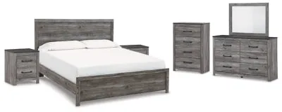 Bronyan King Panel Bed with Mirrored Dresser, Chest and 2 Nightstands