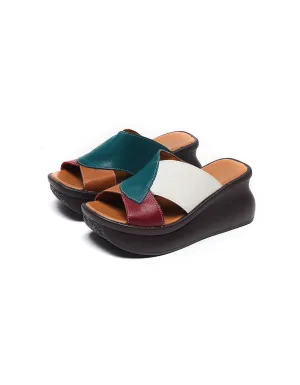 Color Matching Retro Leather Wedge Slippers