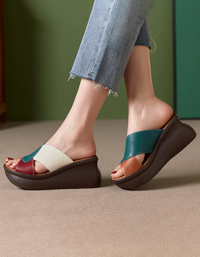 Color Matching Retro Leather Wedge Slippers