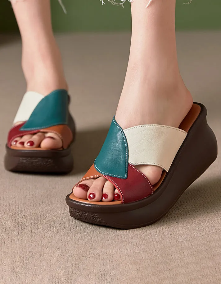 Color Matching Retro Leather Wedge Slippers