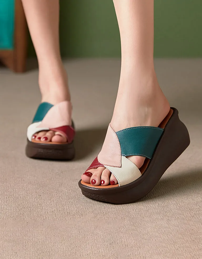 Color Matching Retro Leather Wedge Slippers