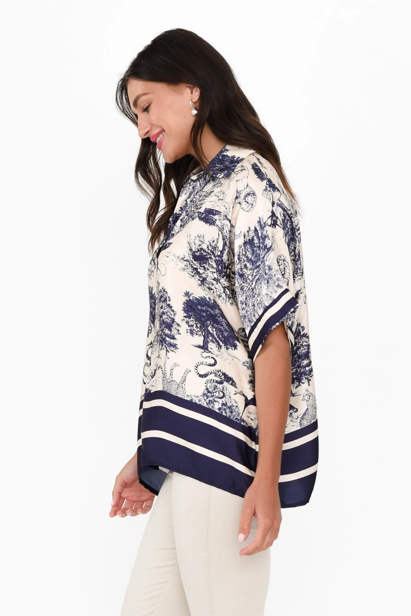 Cosima Navy Garden Silk Blend Top