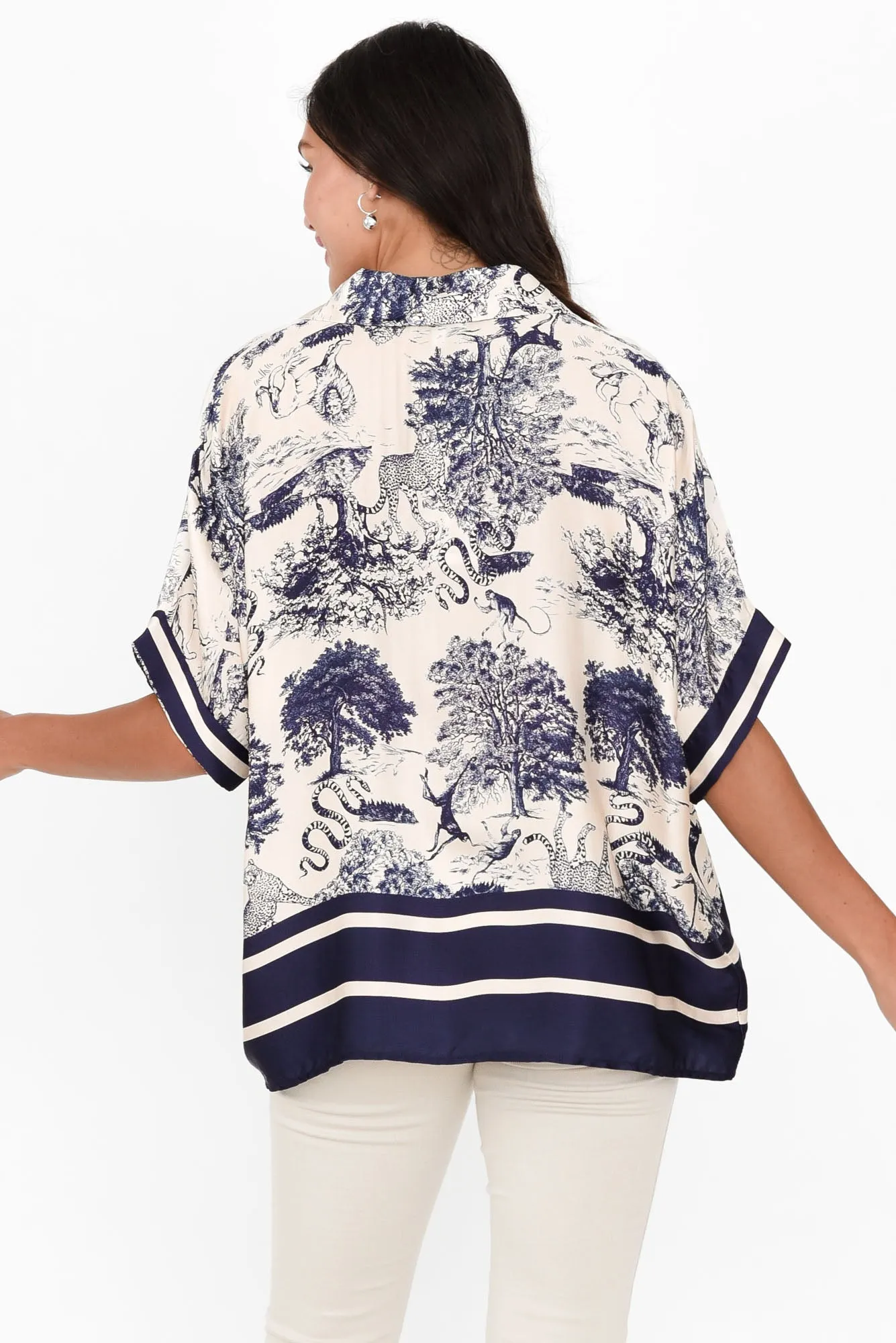 Cosima Navy Garden Silk Blend Top