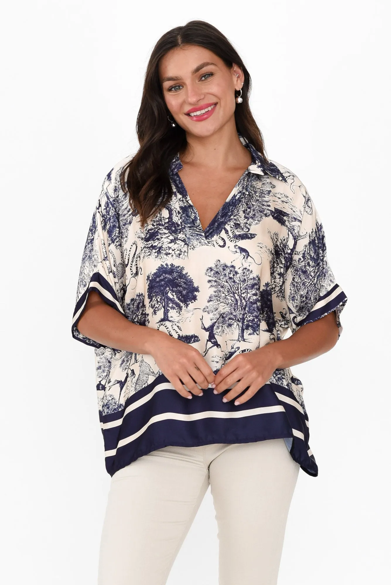 Cosima Navy Garden Silk Blend Top