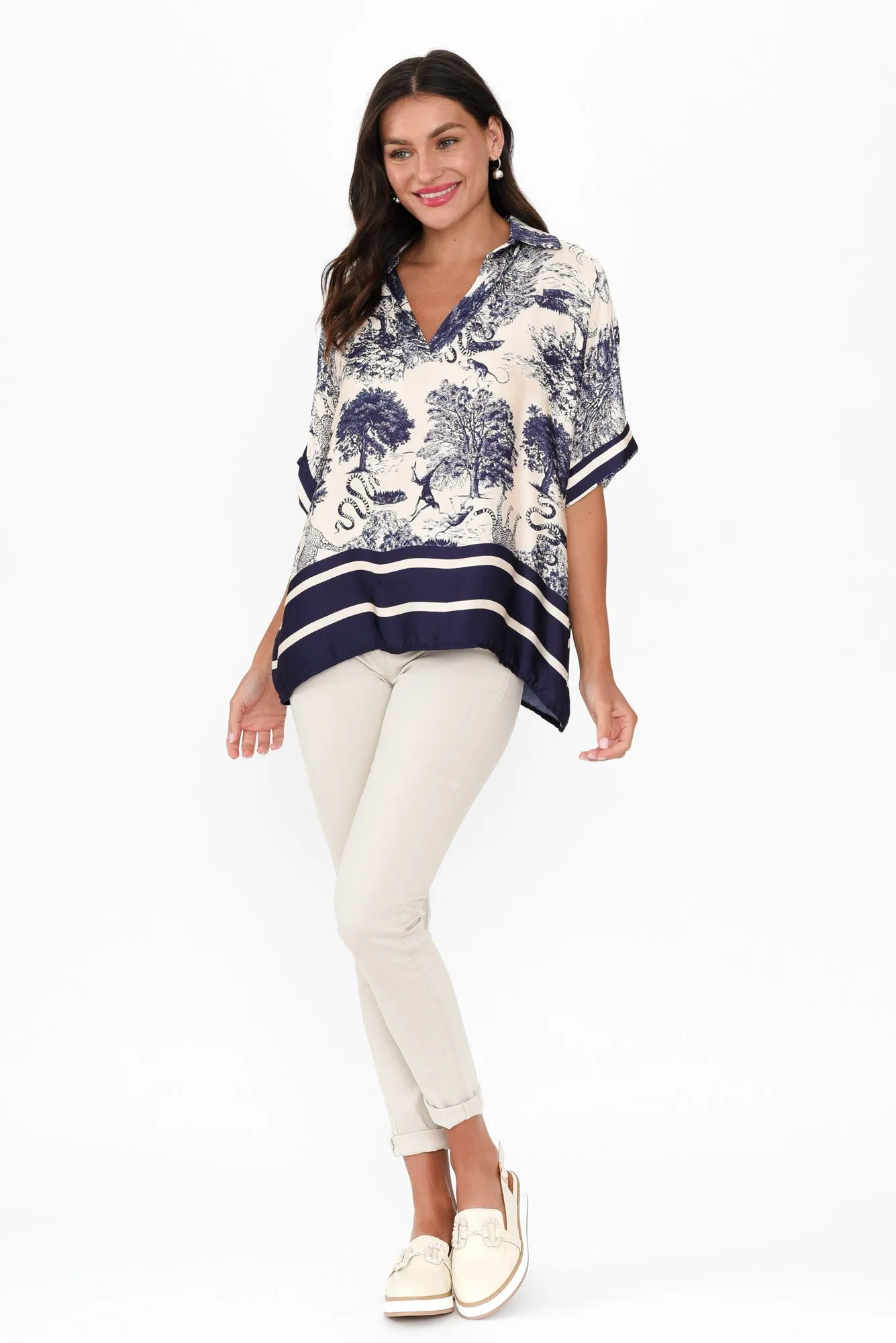 Cosima Navy Garden Silk Blend Top