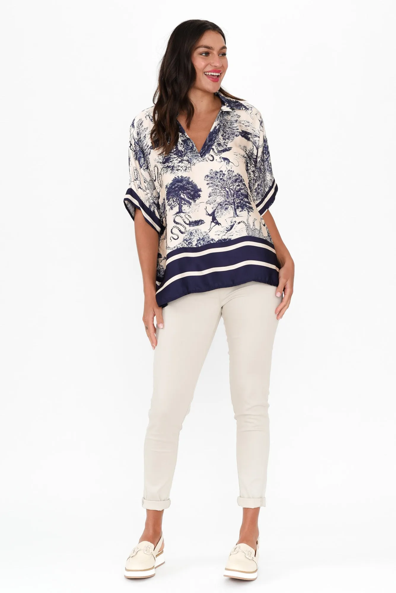 Cosima Navy Garden Silk Blend Top