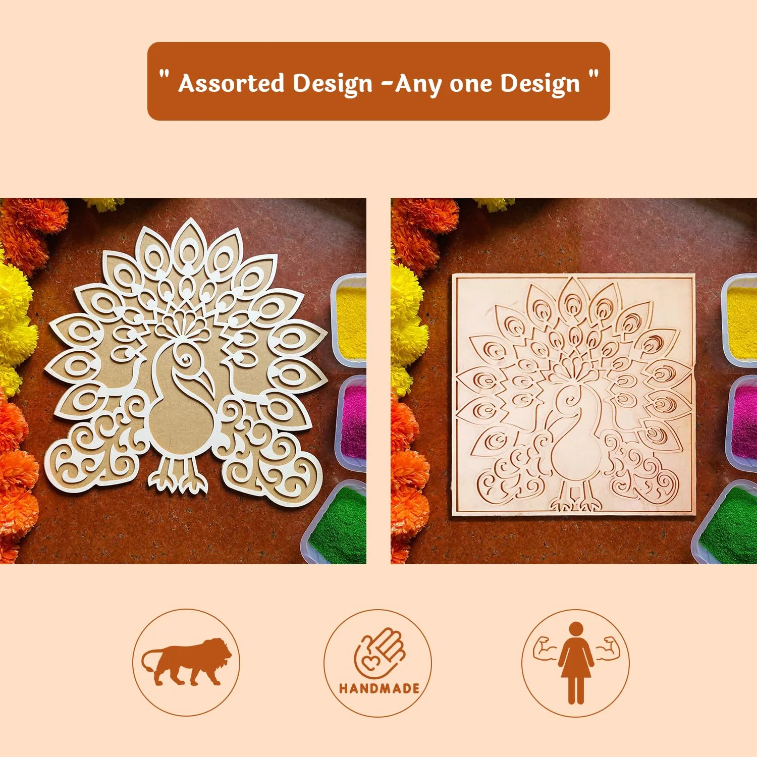 Craftvatika Rangoli Stencils Peacock Rangoli Making Frame for Diwali Decoration Item for Home Decor - MDF Stencil Rangoli FreeI Rangoli for Pooja Room & Living Decor Diwali Festival Gift Item