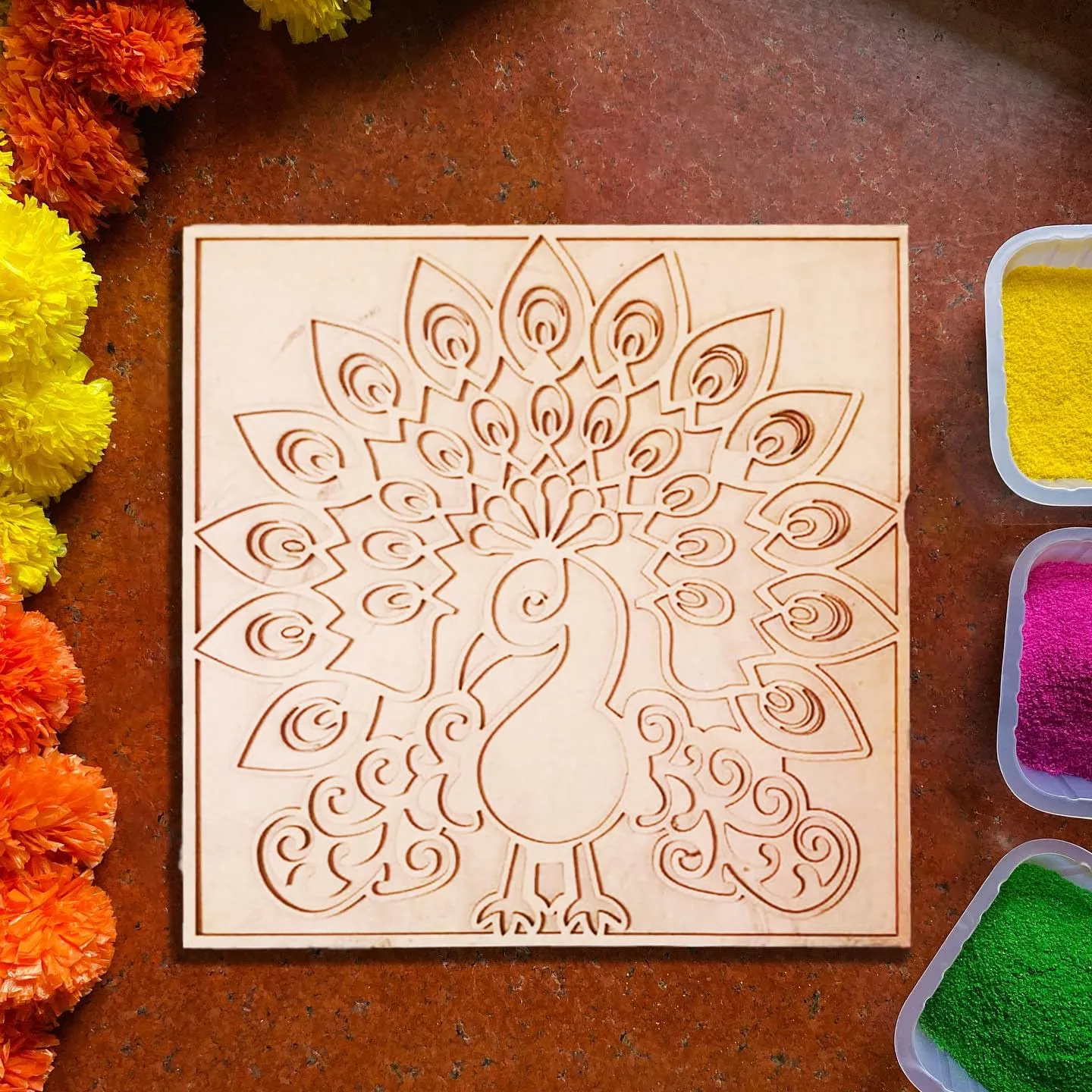 Craftvatika Rangoli Stencils Peacock Rangoli Making Frame for Diwali Decoration Item for Home Decor - MDF Stencil Rangoli FreeI Rangoli for Pooja Room & Living Decor Diwali Festival Gift Item