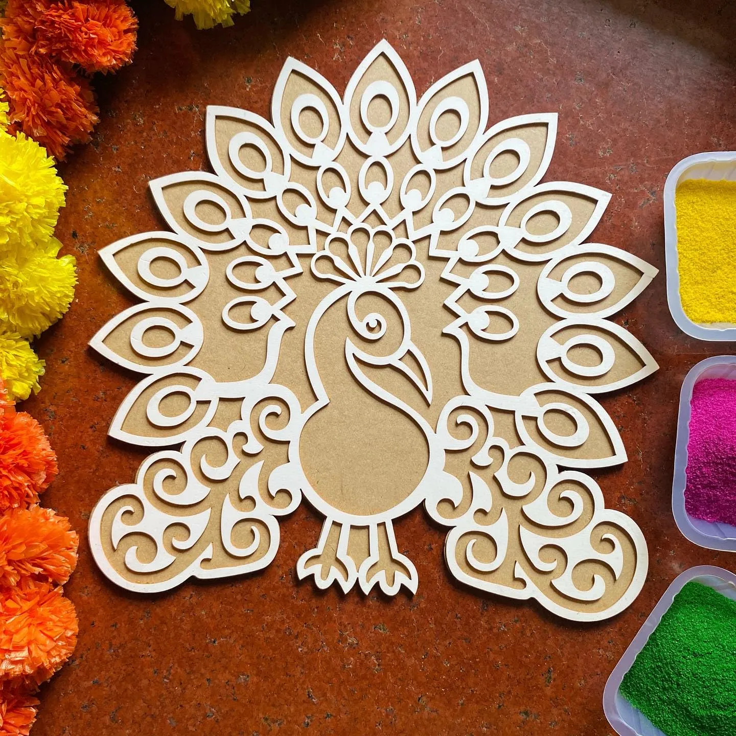 Craftvatika Rangoli Stencils Peacock Rangoli Making Frame for Diwali Decoration Item for Home Decor - MDF Stencil Rangoli FreeI Rangoli for Pooja Room & Living Decor Diwali Festival Gift Item