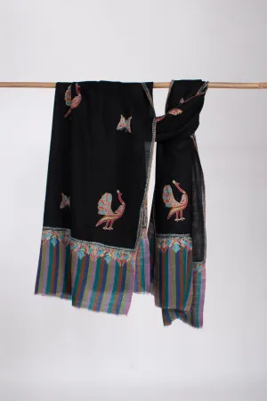 Dancing Peacock Black Pashmina Shawl - BUNDI