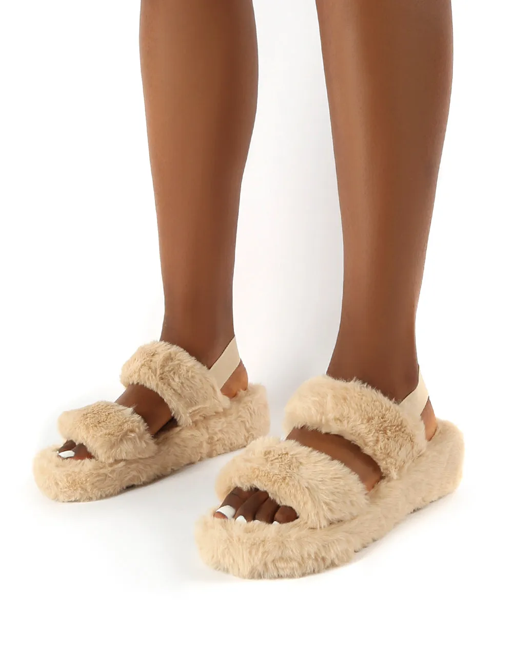 Dawn Beige Strap Back Faux Fur Fluffy Slippers