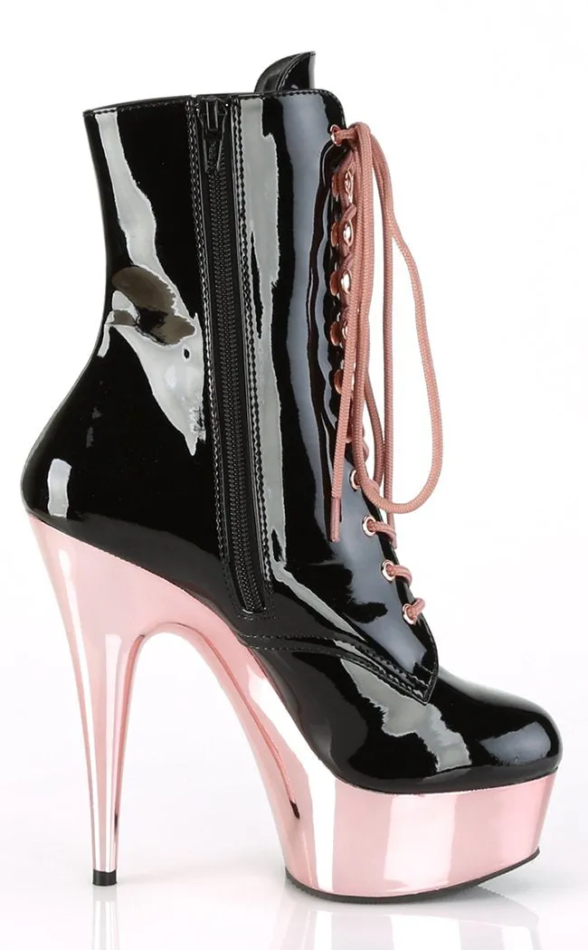 DELIGHT-1020 Black Patent Rose Gold Ankle Boots