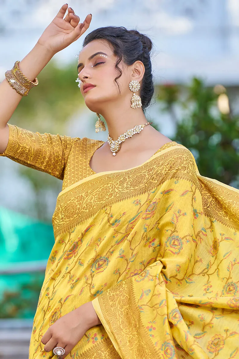 Delightful Yellow Pashmina saree With Seraglio Blouse Piece