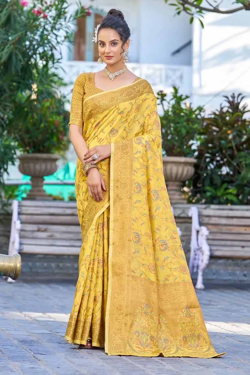 Delightful Yellow Pashmina saree With Seraglio Blouse Piece