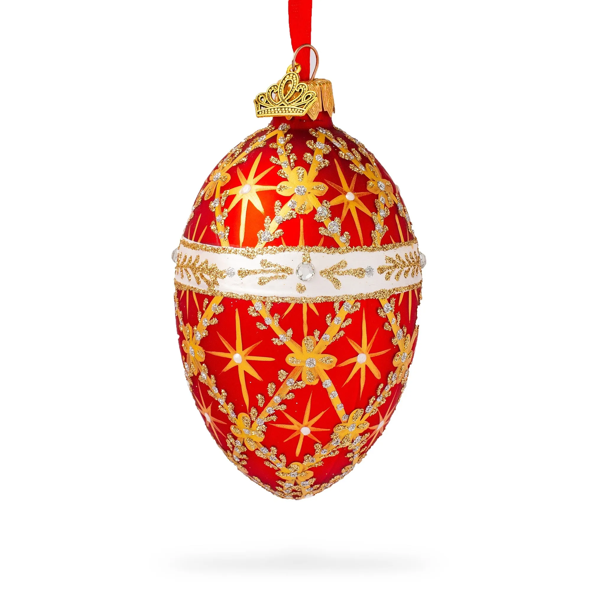 Diamond Trellis On Red Glass Egg Christmas Ornament 4 Inches