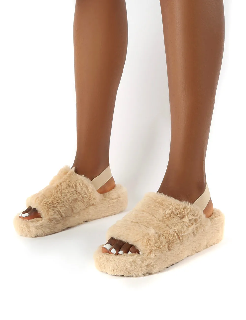 Dreams Beige Strap Back Faux Fur Fluffy Slippers