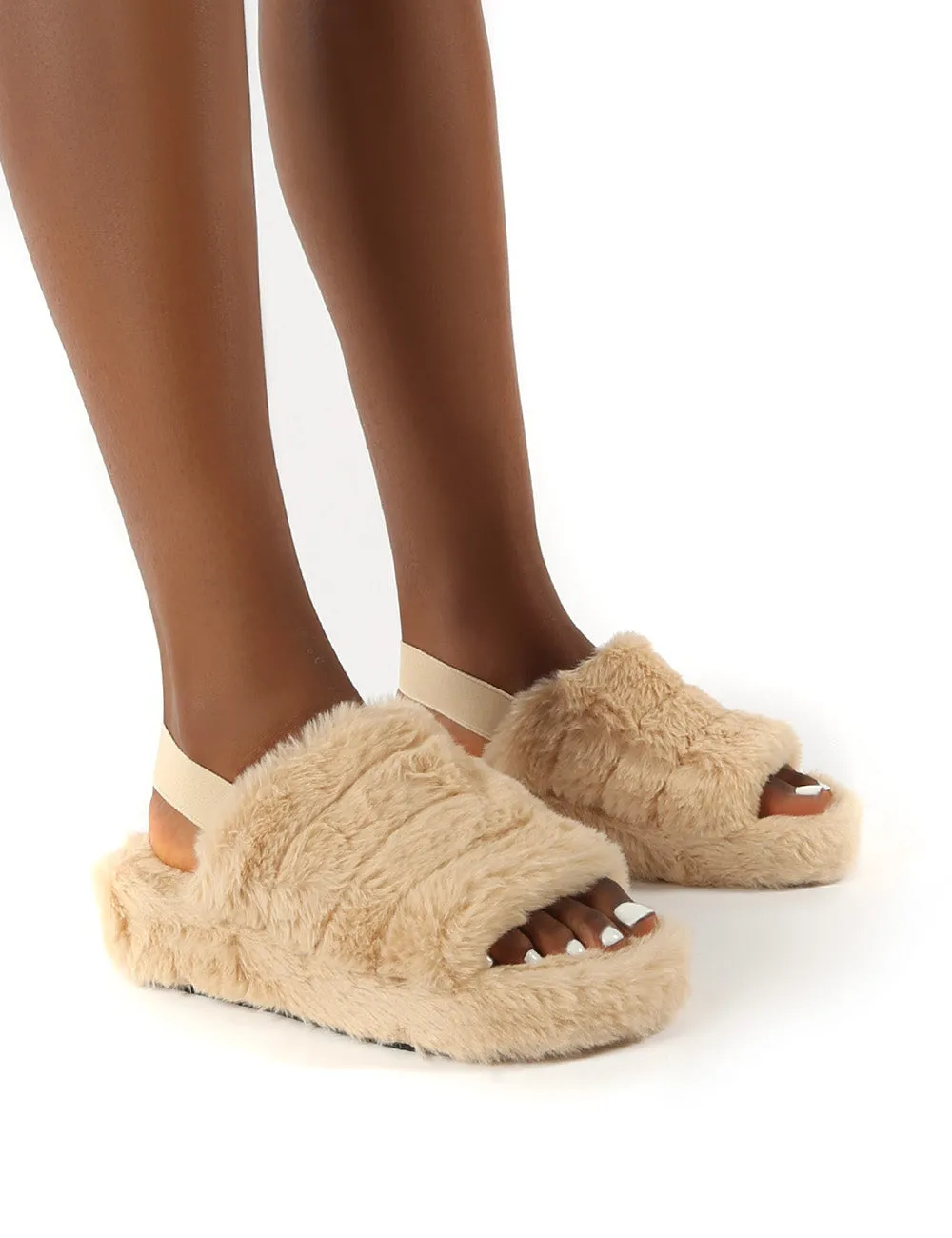 Dreams Beige Strap Back Faux Fur Fluffy Slippers