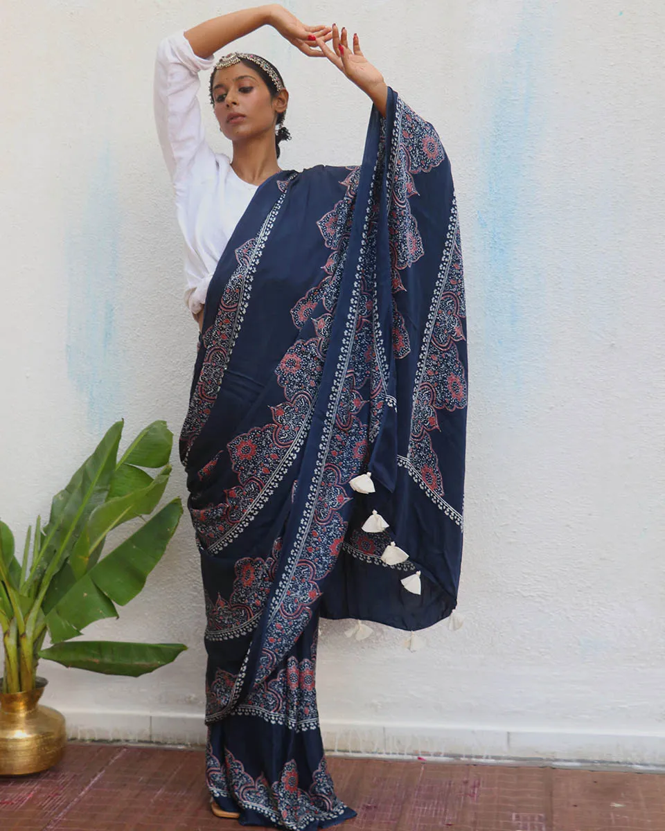 Elishat Blockprinted Modal Silk Saree - Jaisal