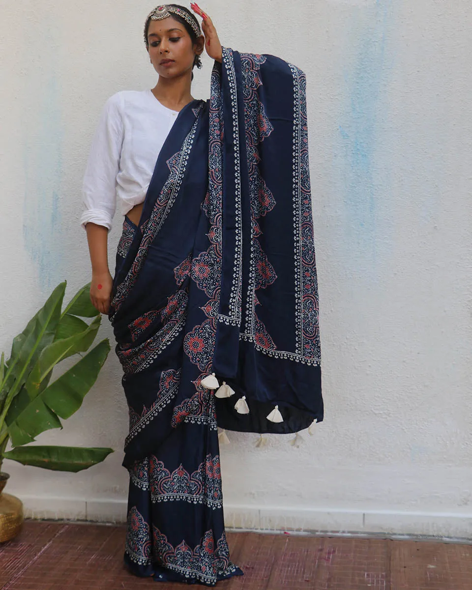 Elishat Blockprinted Modal Silk Saree - Jaisal