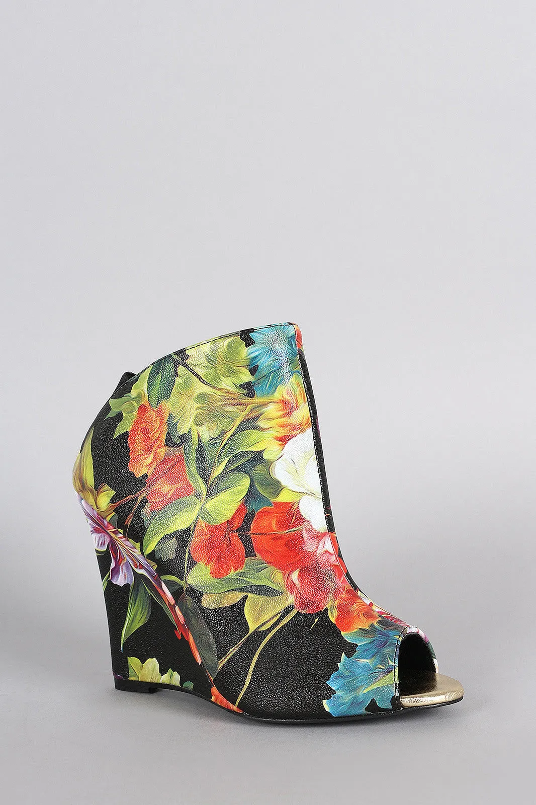 Floral Back Elastic Gore Peep Toe Wedge Booties