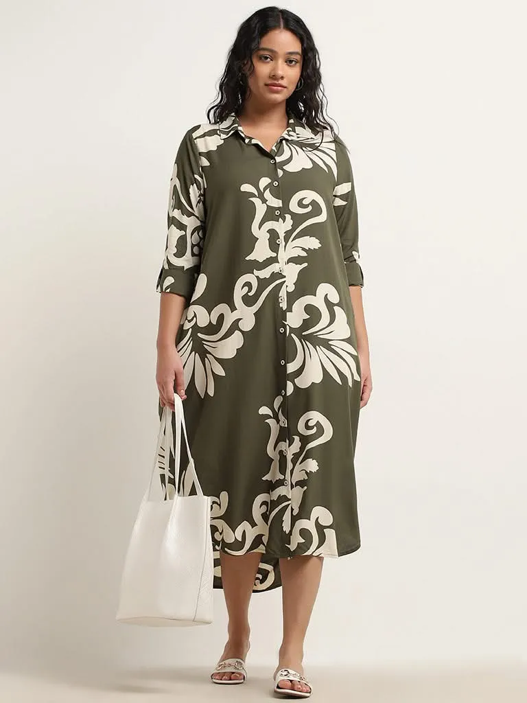 Gia Olive Printed High-Low Shirt Dress