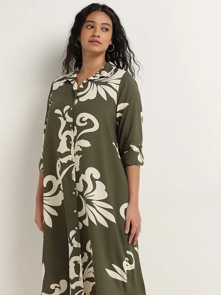 Gia Olive Printed High-Low Shirt Dress