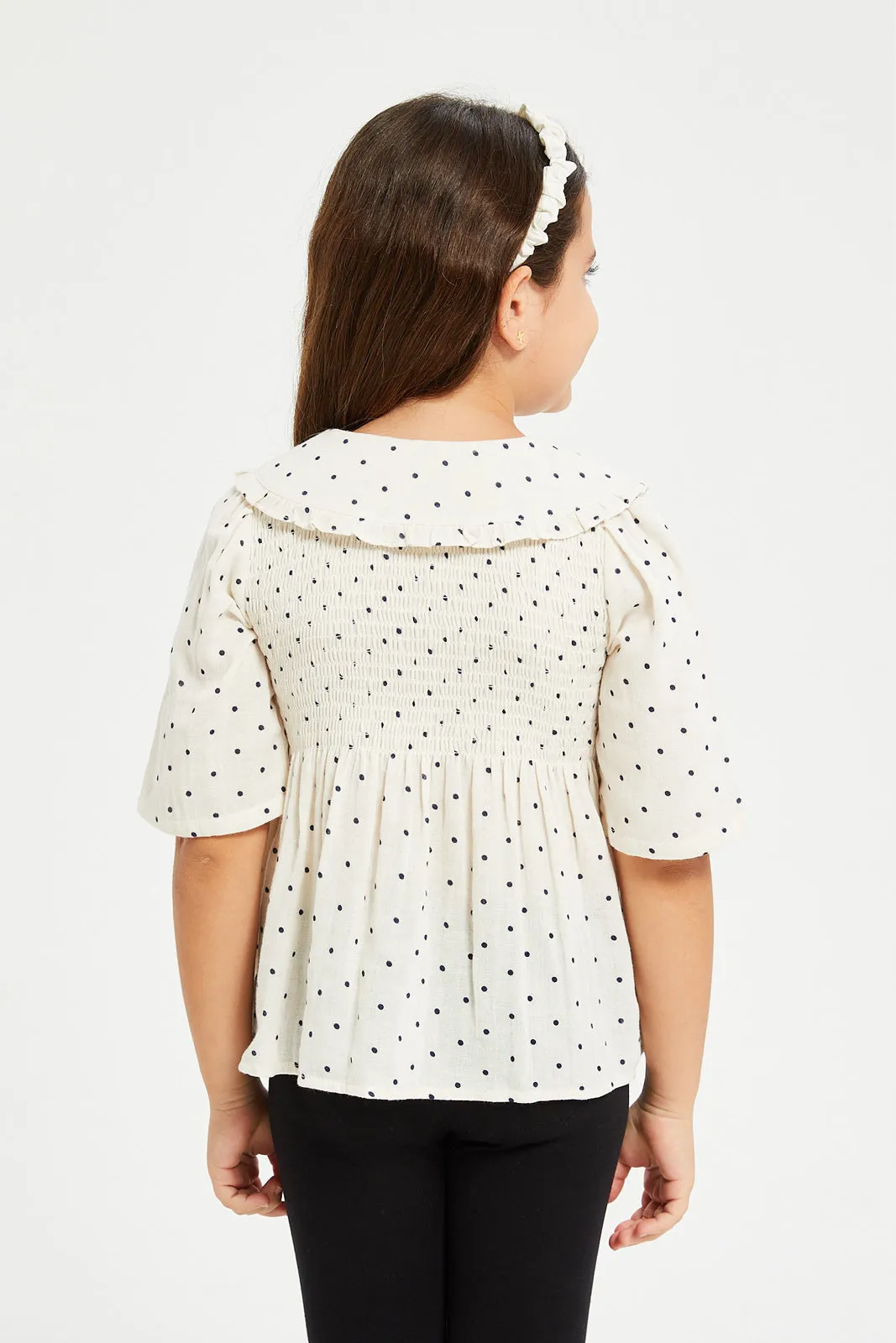 Girls Beige Polka Dot Button Front Blouse