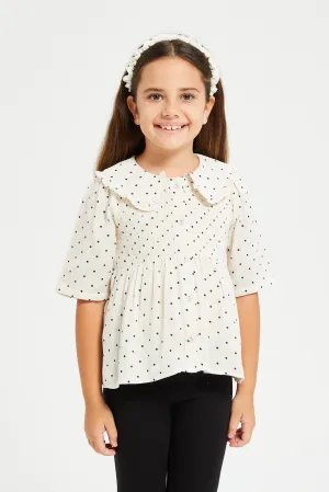 Girls Beige Polka Dot Button Front Blouse